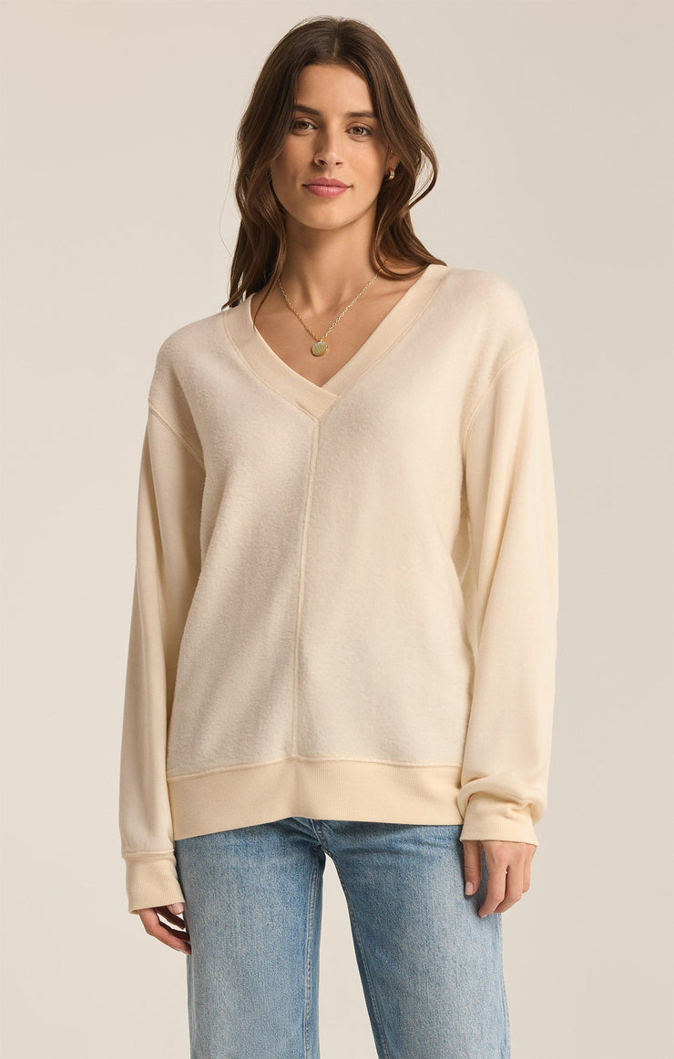 Tops Off the Clock Cozy V-Neck Sweatshirt Sea Salt