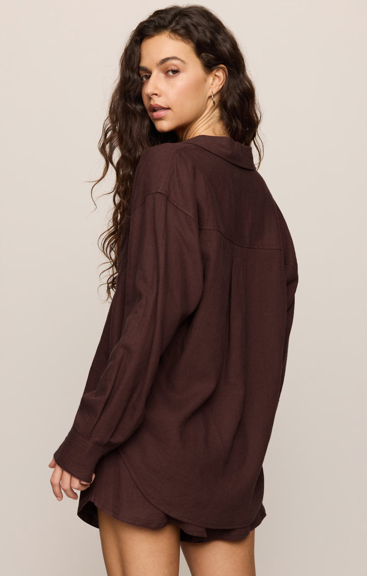 Tops Alfie Linen Button Up Chocolate Cherry