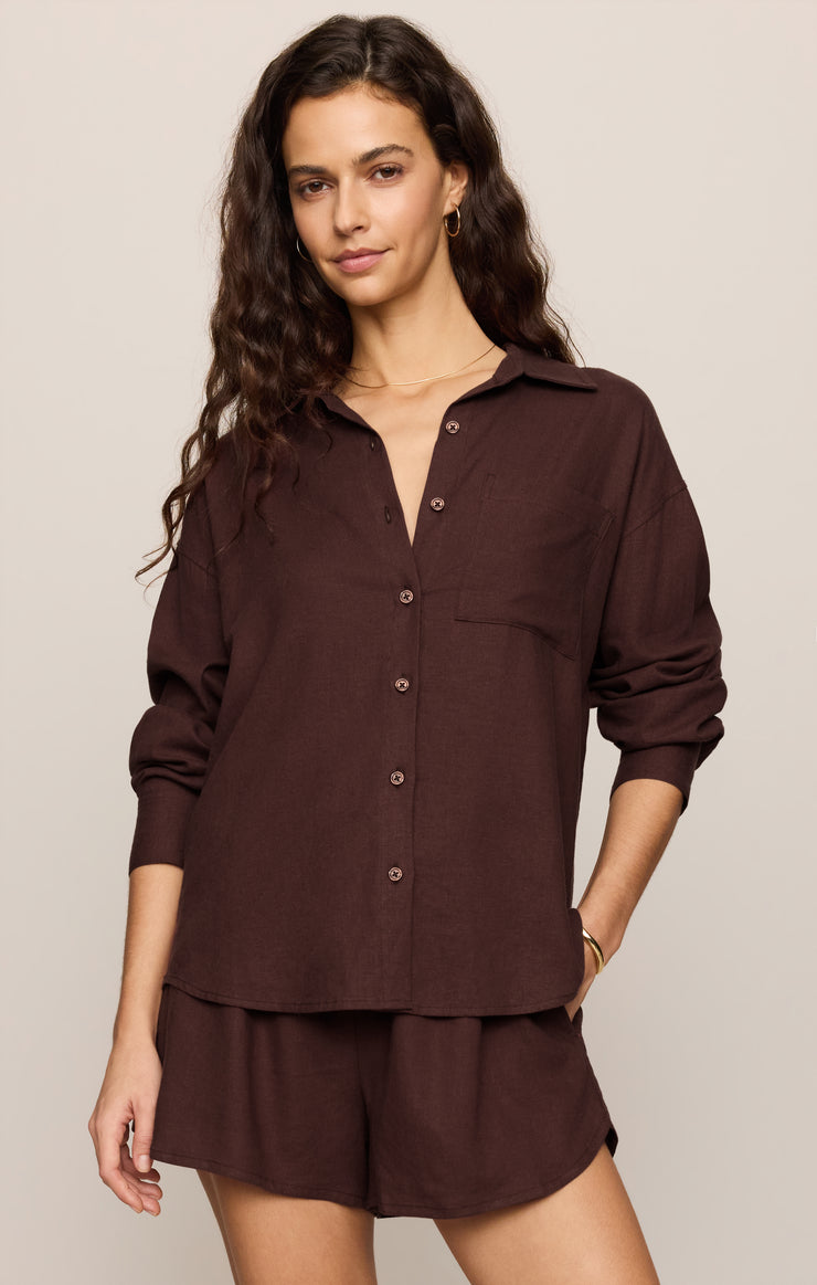 Tops Alfie Linen Button Up Chocolate Cherry