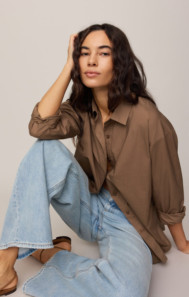 Tops Elevated Poplin Button Up Top Palo Santo