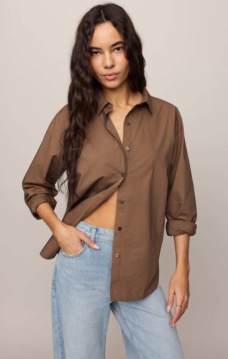 Tops Elevated Poplin Button Up Top Palo Santo