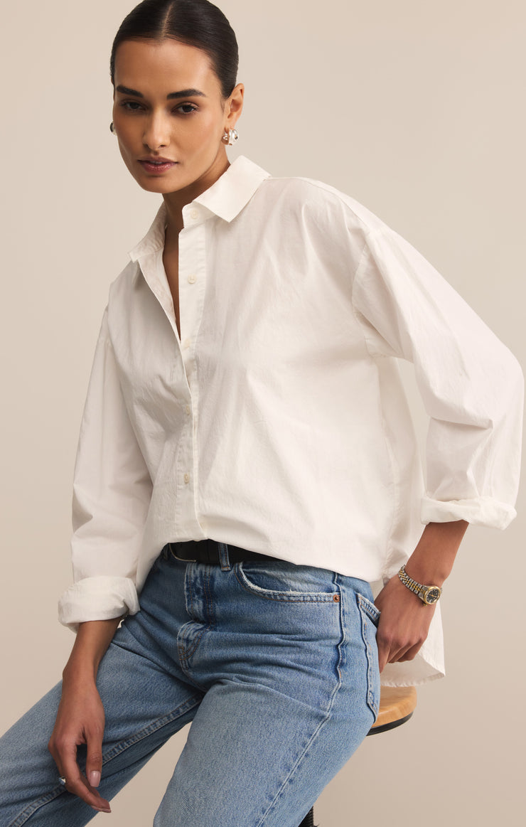 Tops Elevated Poplin Button Up Top White