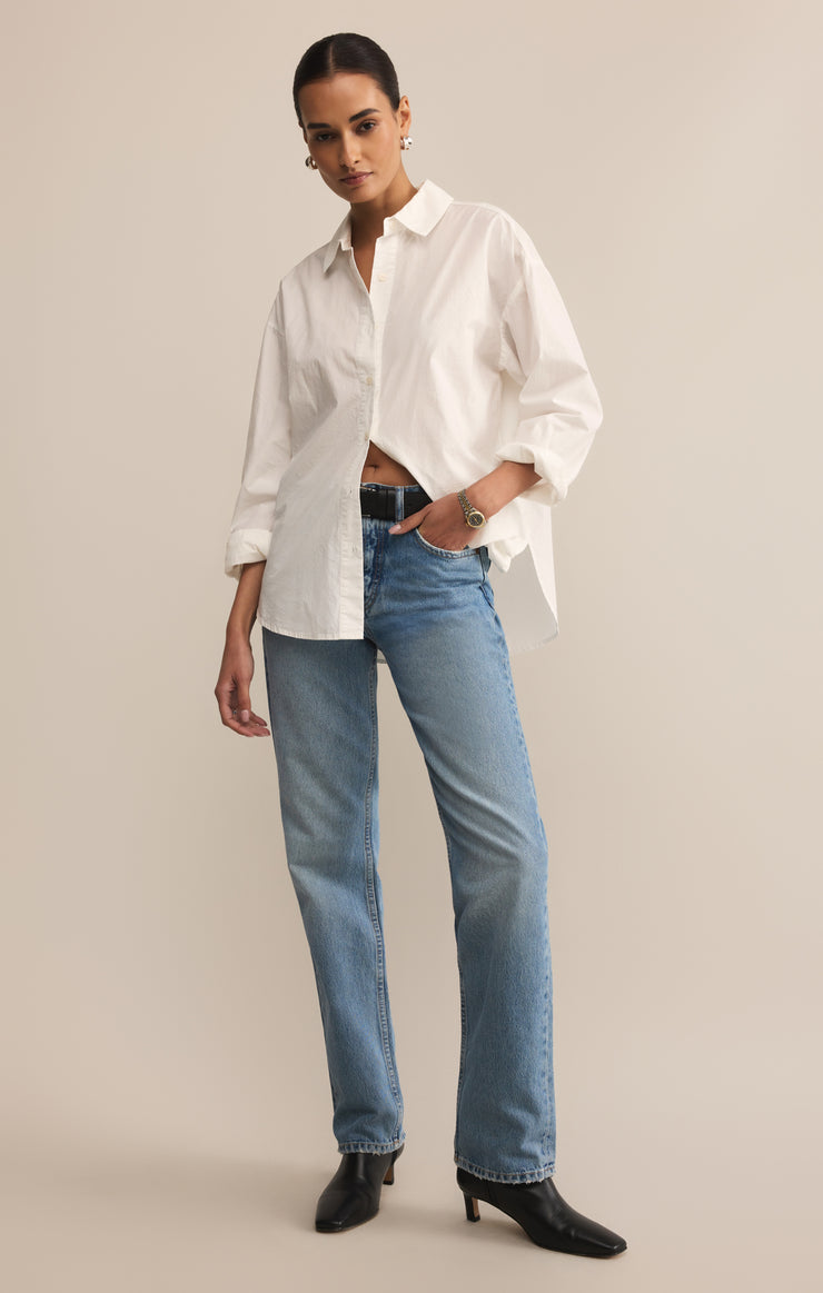 Tops Elevated Poplin Button Up Top White