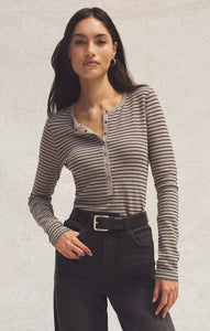 TopsStella Striped Modal Rib Henley Heather Taupe