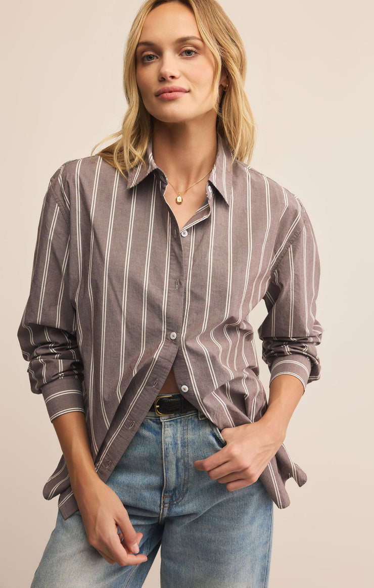 Tops Seaport Striped Poplin Button Up Sandalwood