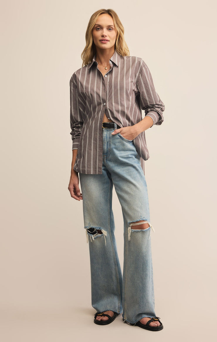 Tops Seaport Striped Poplin Button Up Sandalwood