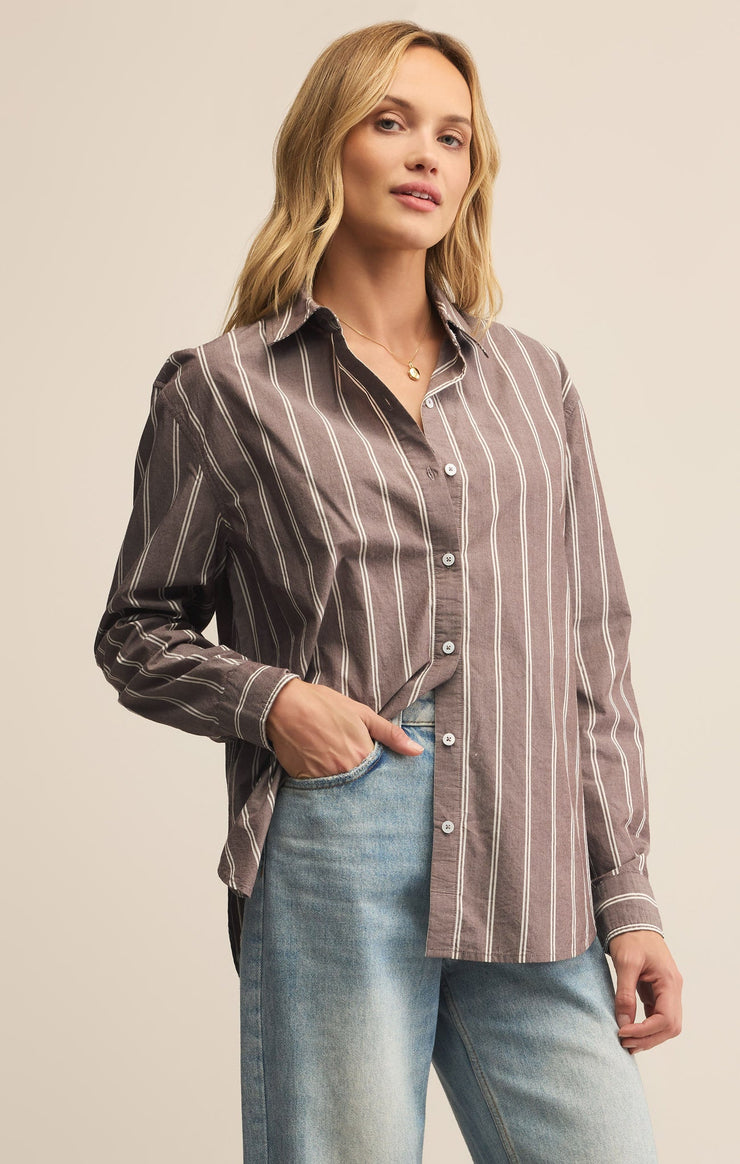Tops Seaport Striped Poplin Button Up Sandalwood