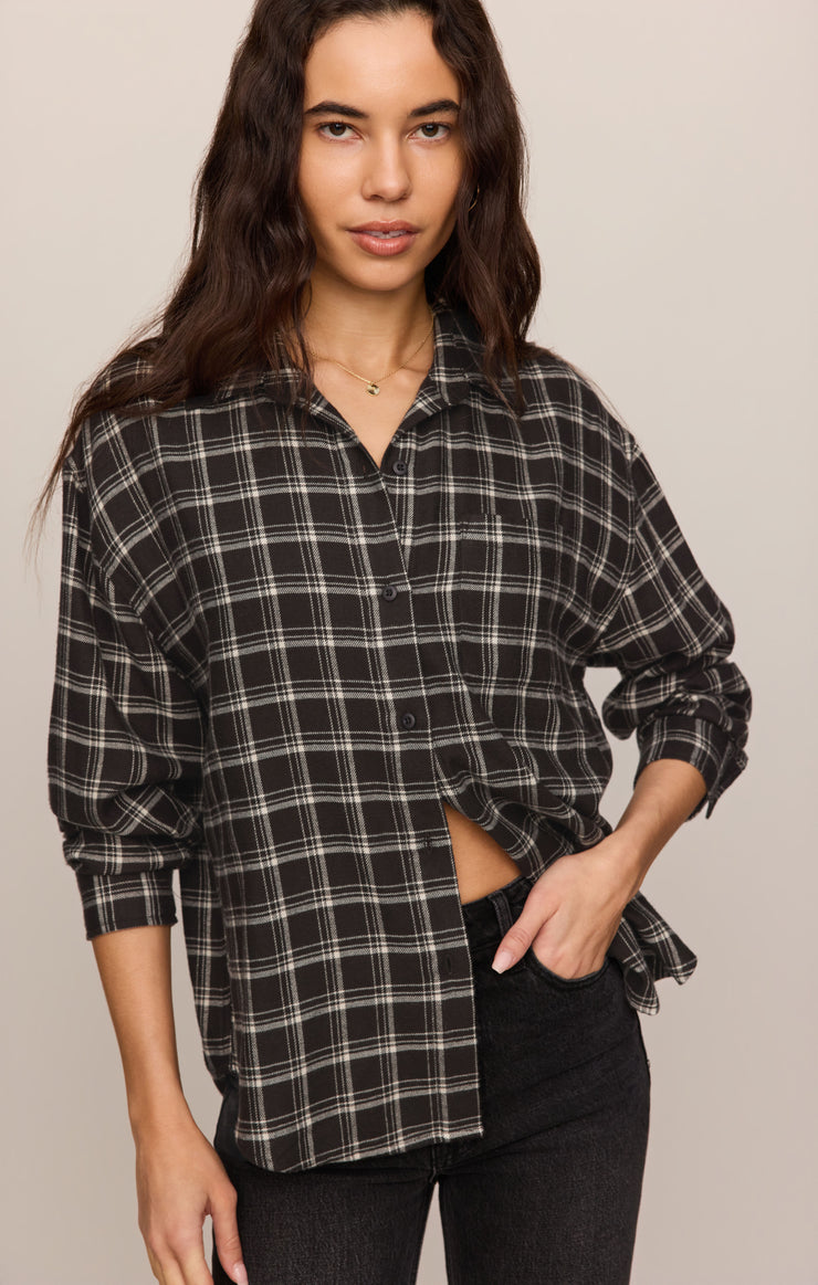 Tops River Plaid Button Up Ash Black
