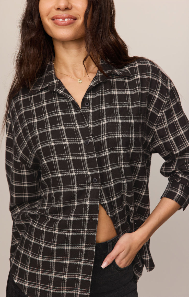Tops River Plaid Button Up Ash Black