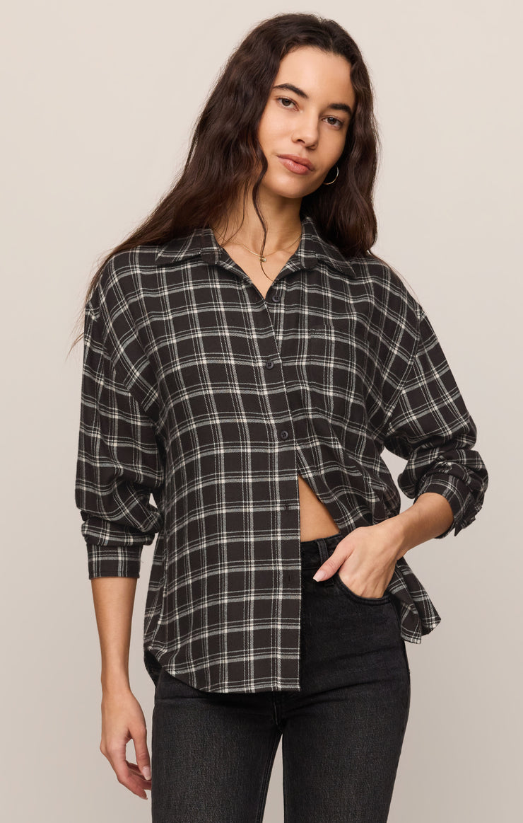 Tops River Plaid Button Up Ash Black