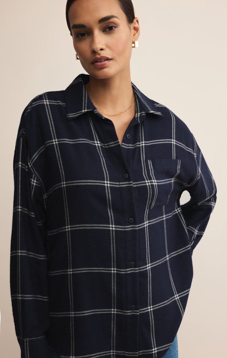 Tops River Plaid Button Up Blue Sapphire
