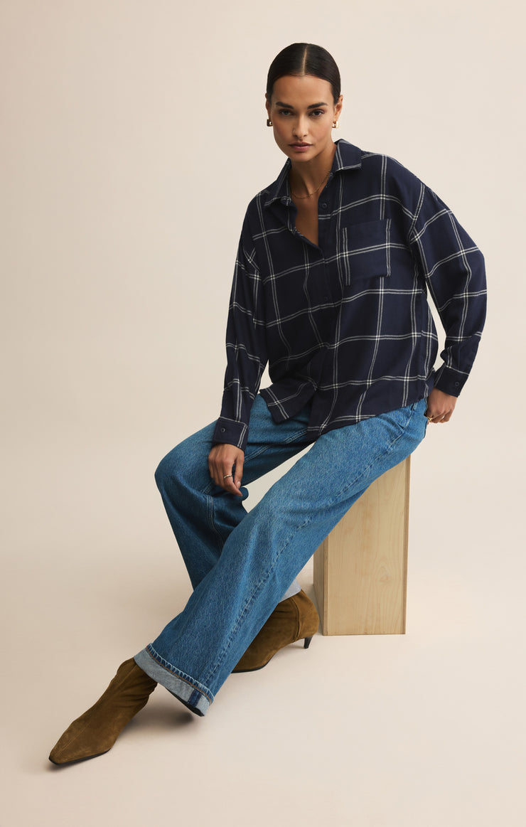 Tops River Plaid Button Up Blue Sapphire