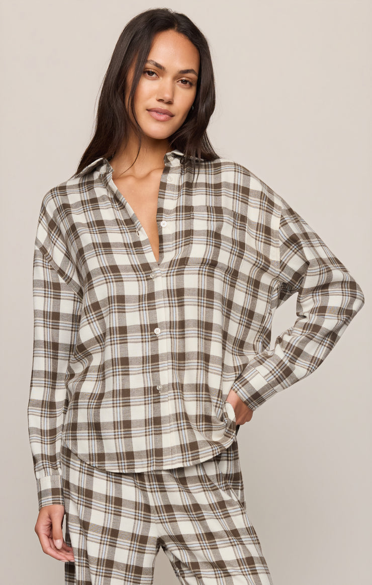 Tops River Plaid Button Up Cocoa Bean