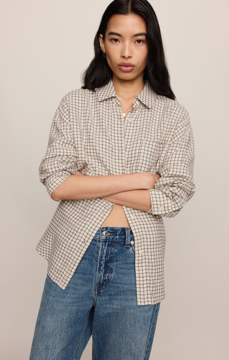 Tops River Plaid Button Up Frosted Pearl