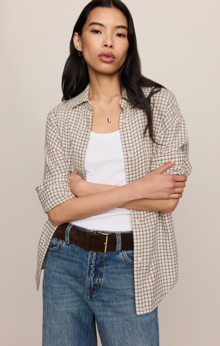 Tops River Plaid Button Up Frosted Pearl