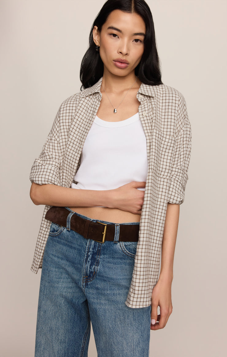Tops River Plaid Button Up Frosted Pearl