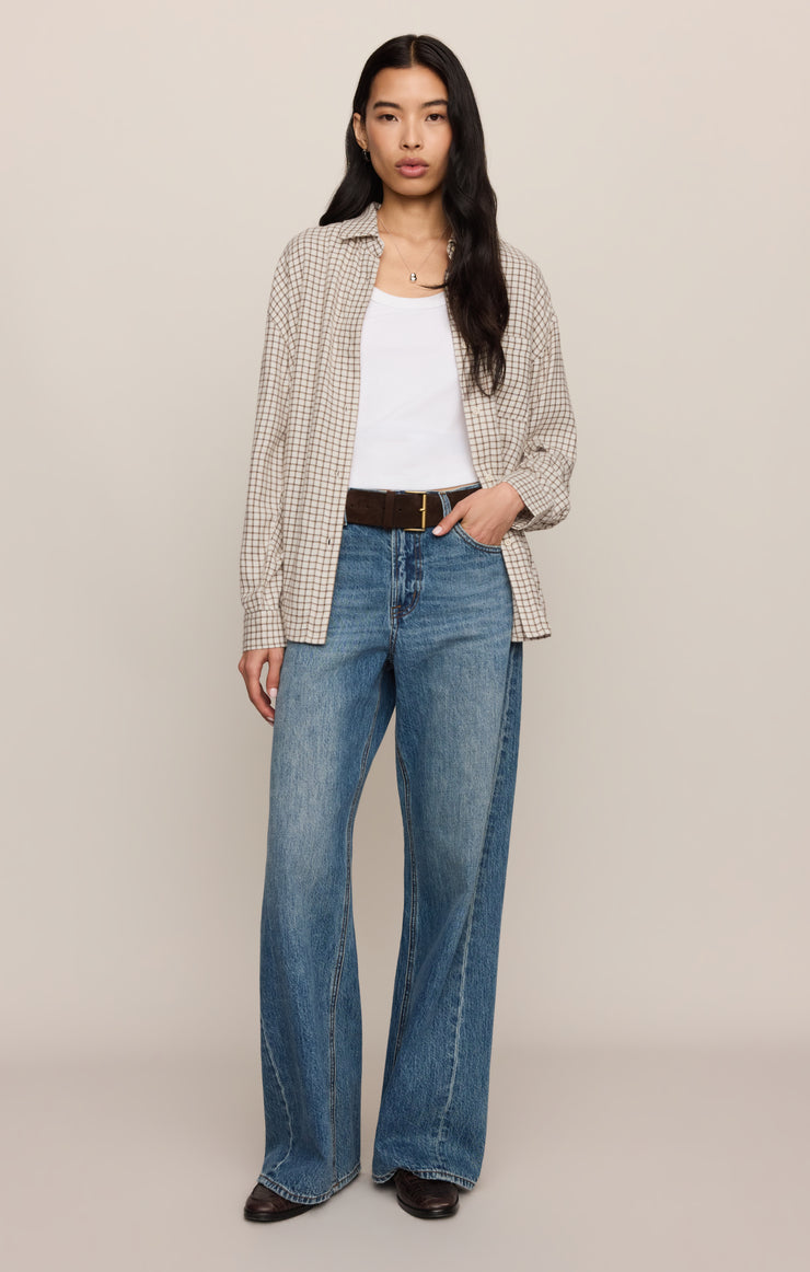 Tops River Plaid Button Up Frosted Pearl