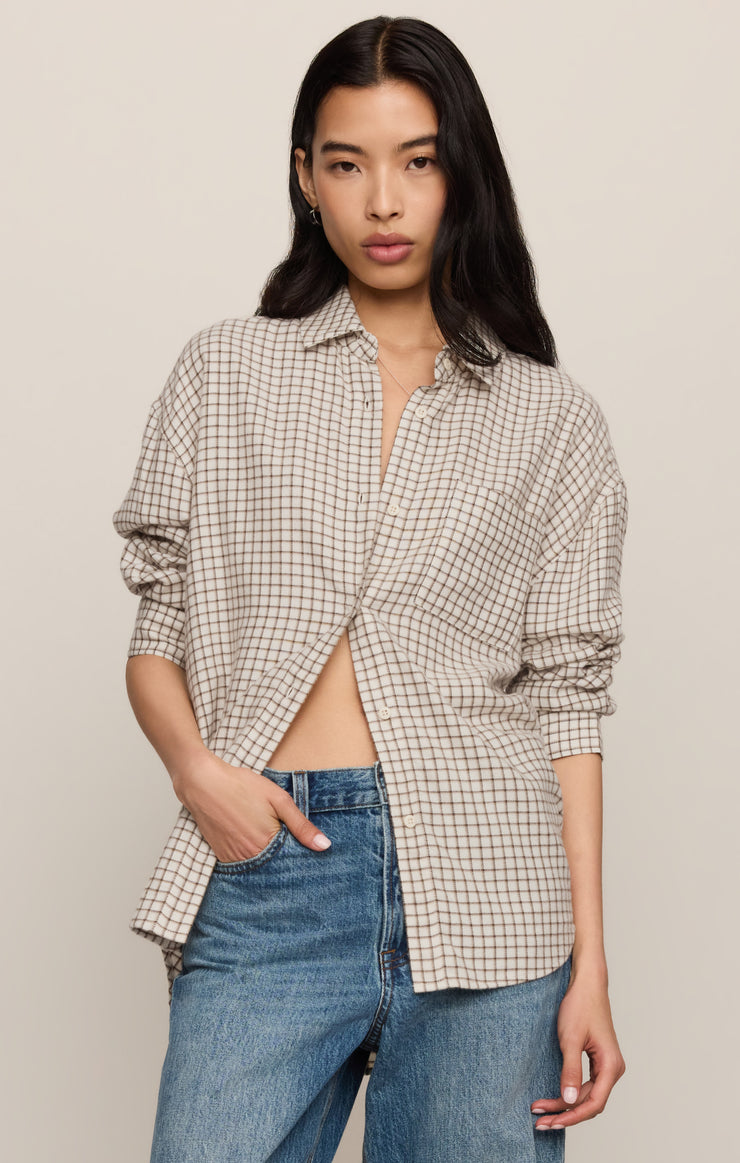 Tops River Plaid Button Up Frosted Pearl