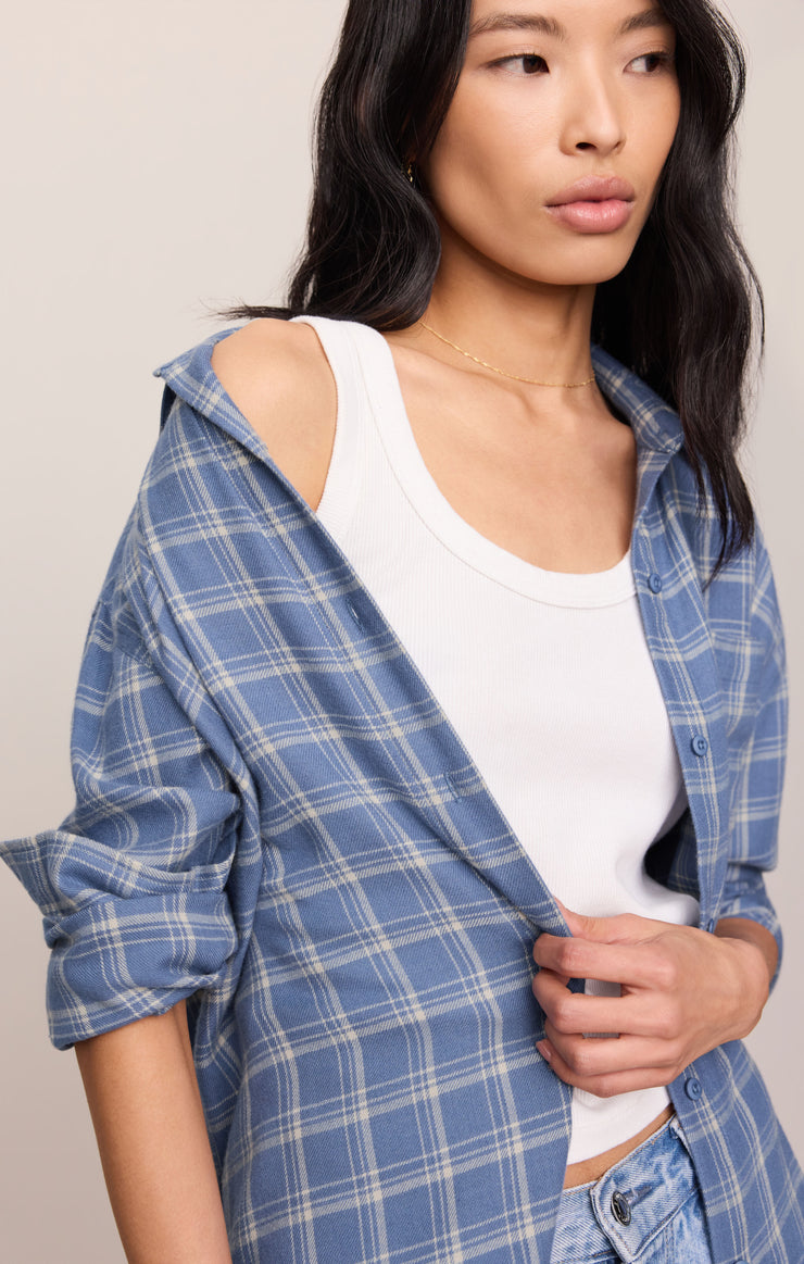 Tops River Plaid Button Up Mystic Blue