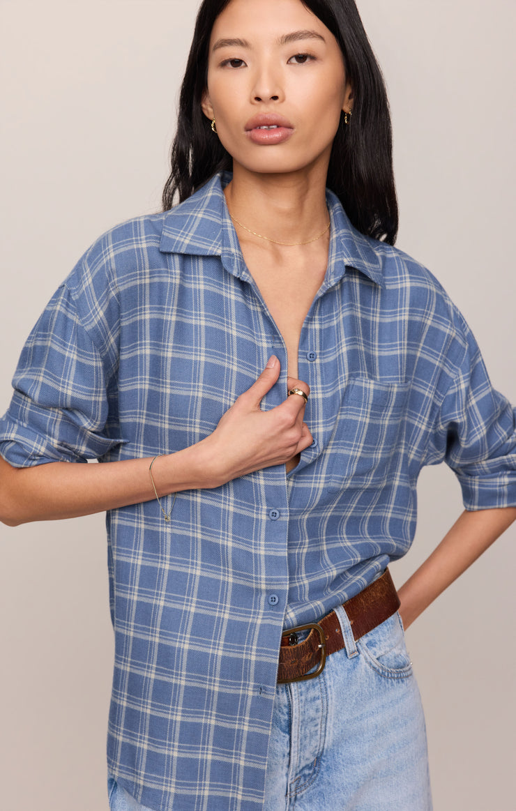 Tops River Plaid Button Up Mystic Blue