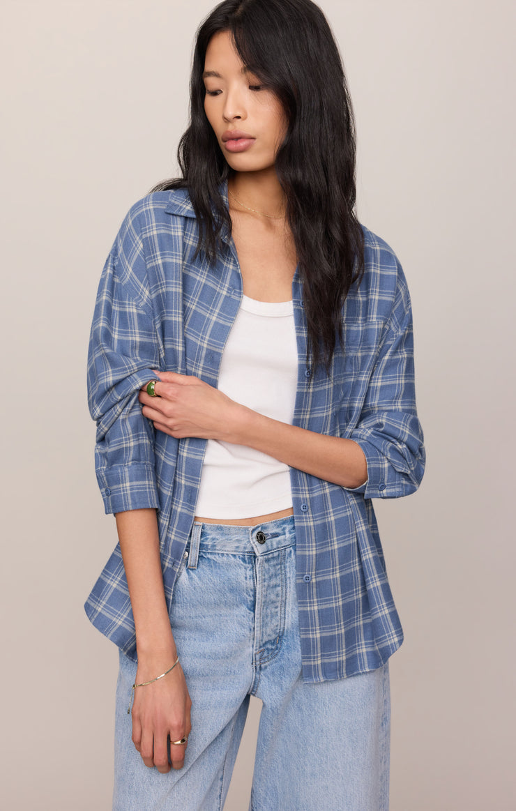 Tops River Plaid Button Up Mystic Blue