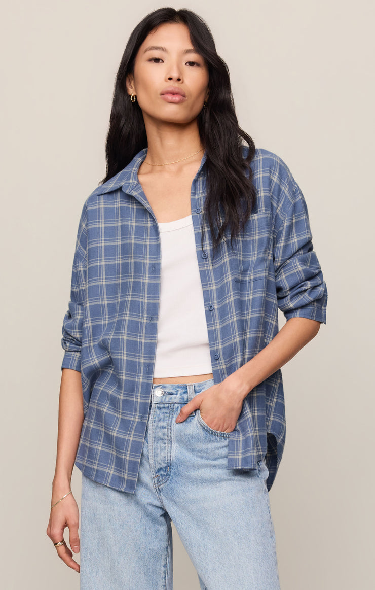 Tops River Plaid Button Up Mystic Blue