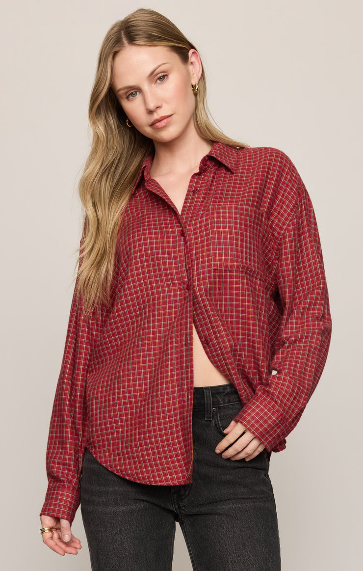 Tops River Plaid Button Up Red Dahlia