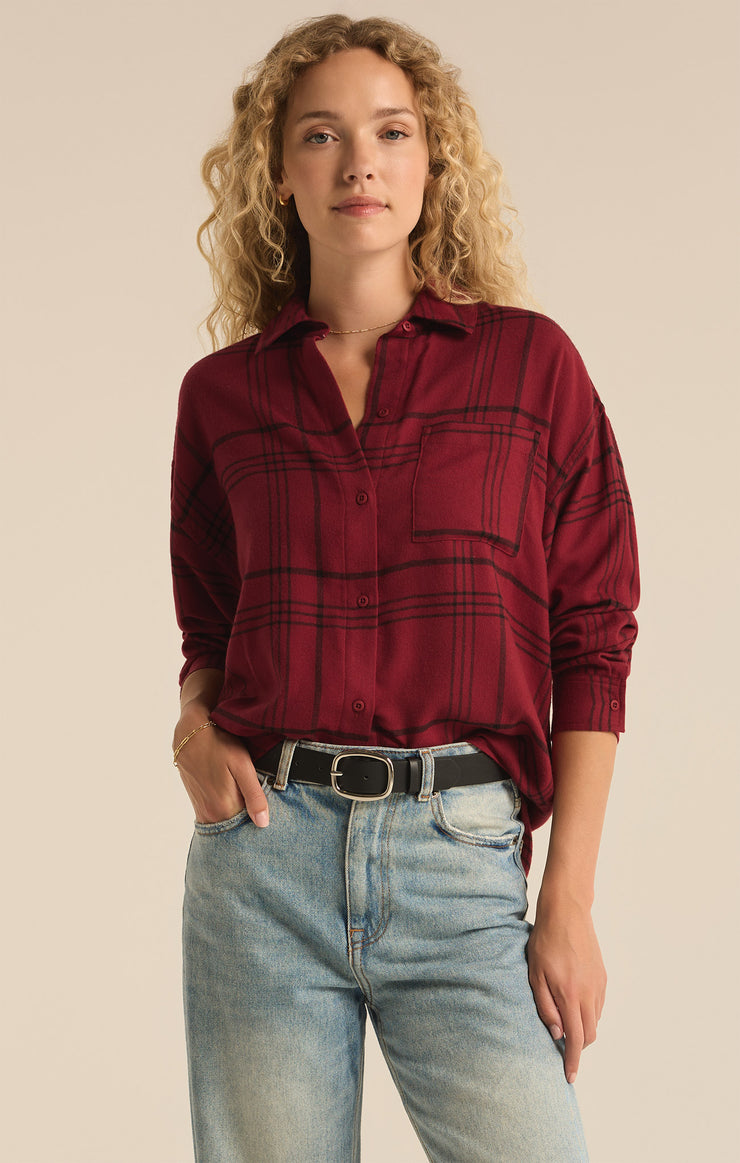 Tops River Plaid Button Up Red Dahlia