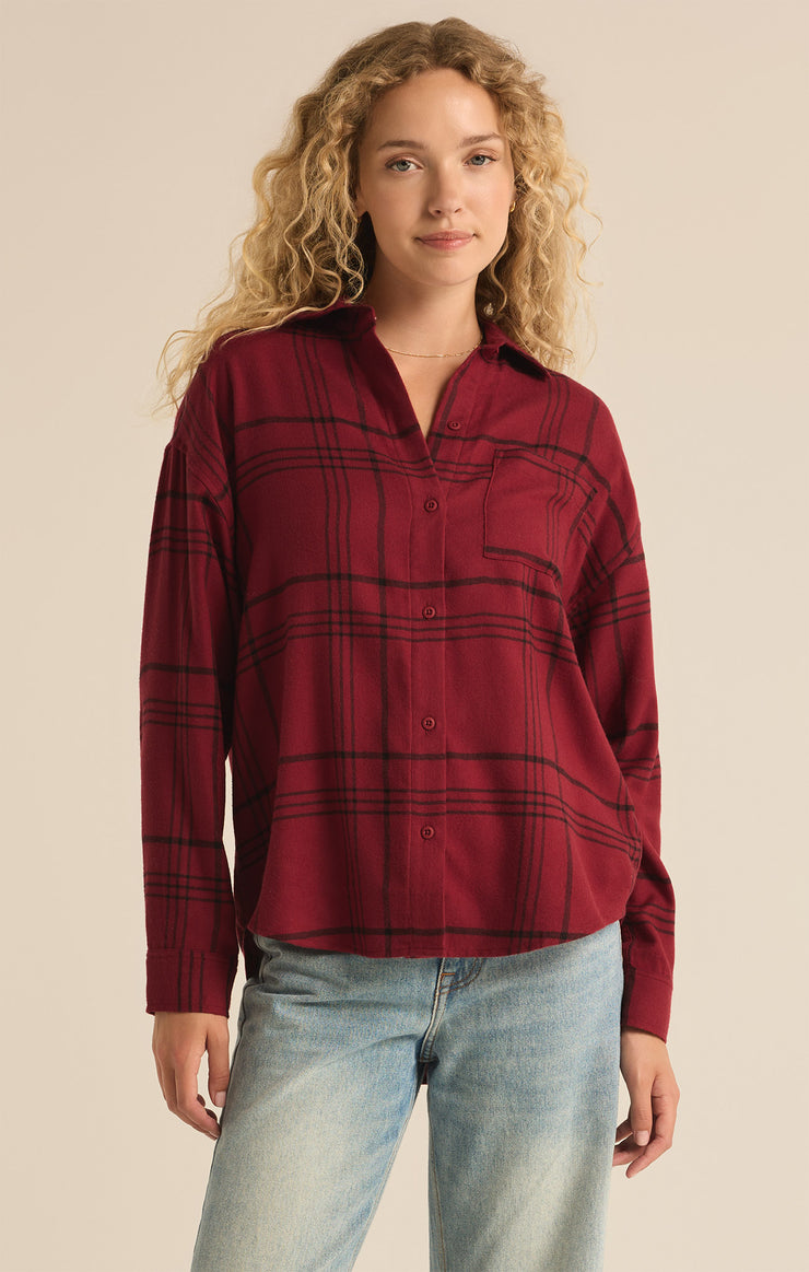 Tops River Plaid Button Up Red Dahlia