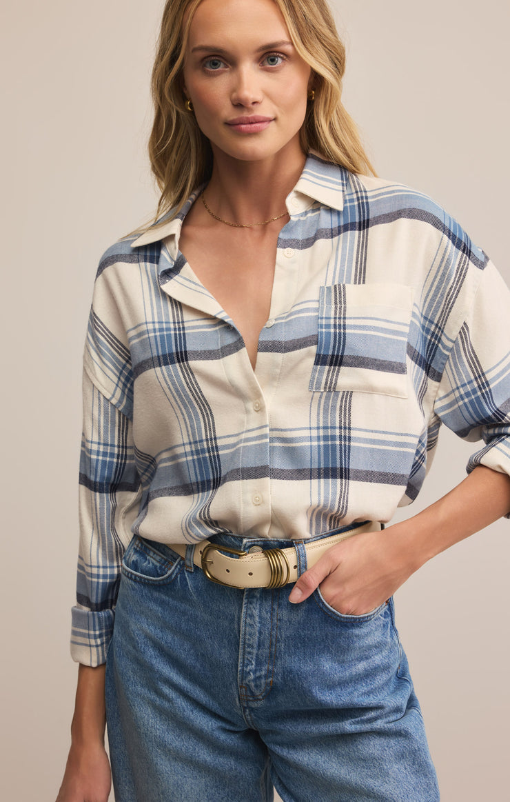 Tops River Plaid Button Up Vintage Indigo