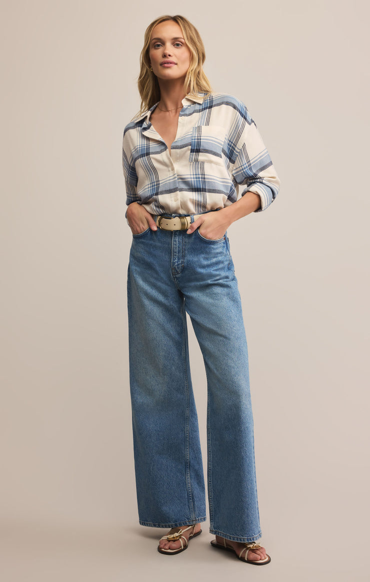 Tops River Plaid Button Up Vintage Indigo
