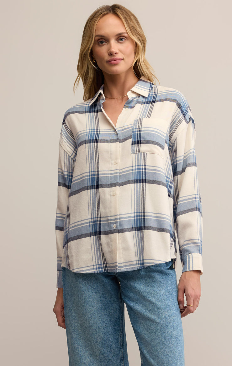 Tops River Plaid Button Up Vintage Indigo