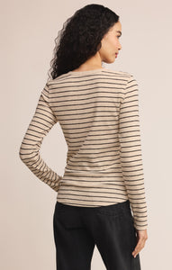 TopsEve Stripe Henley Long Sleeve Light Oatmeal Heather