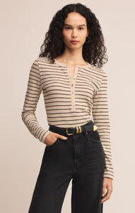 TopsEve Stripe Henley Long Sleeve Light Oatmeal Heather
