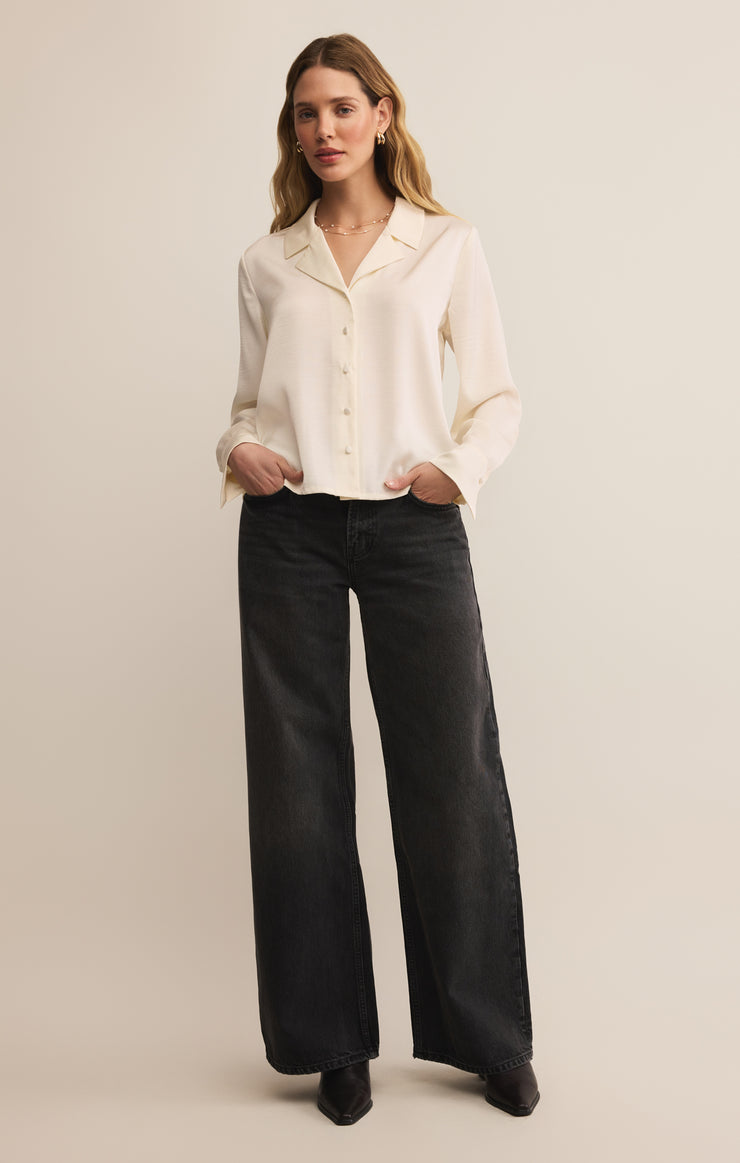 Tops Ana Satin Button Up Cloud