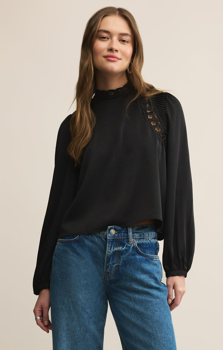Tops Silvana Mock Neck Embroidered Top Black