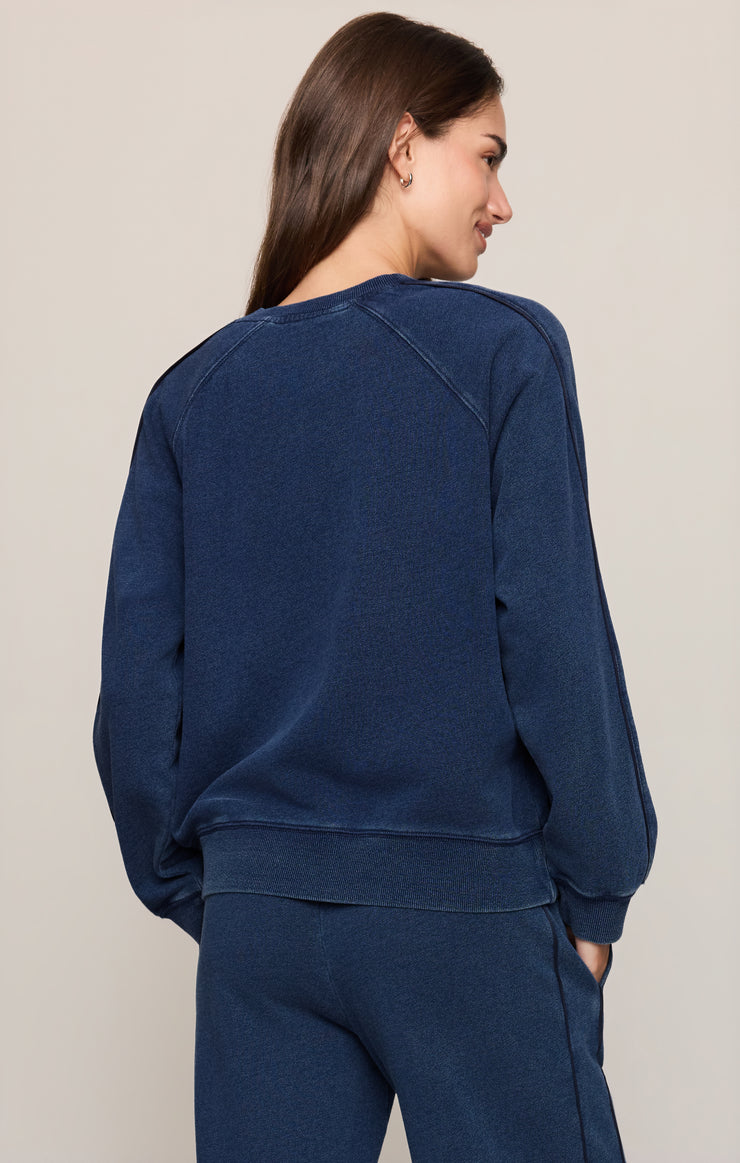 Tops Sport Stripe Boyfriend Knit Denim Sweatshirt Indigo