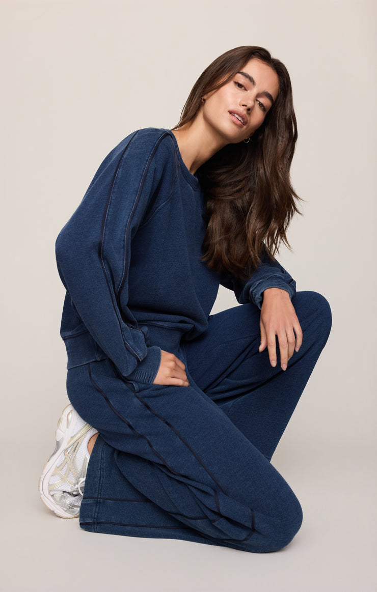 Tops Sport Stripe Boyfriend Knit Denim Sweatshirt Indigo