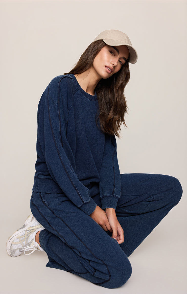 Sport Stripe Boyfriend Knit Denim Sweatshirt