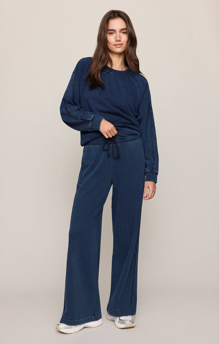 Tops Sport Stripe Boyfriend Knit Denim Sweatshirt Indigo