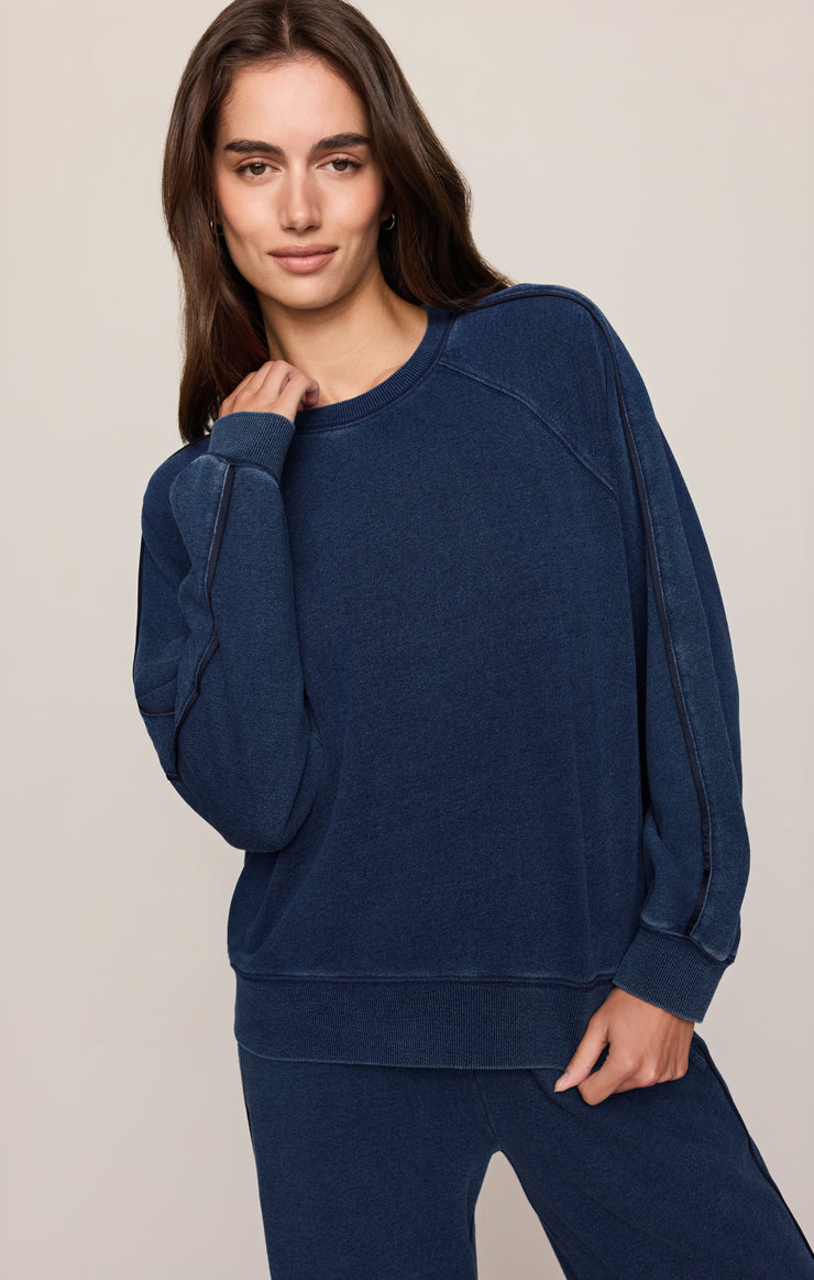Tops Sport Stripe Boyfriend Knit Denim Sweatshirt Indigo