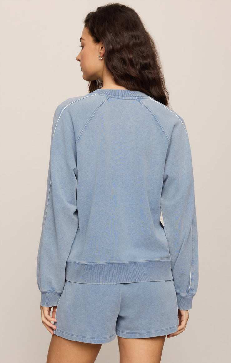 Tops Sport Stripe Boyfriend Knit Denim Sweatshirt Ocean Air Indigo