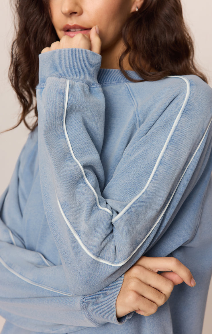 Tops Sport Stripe Boyfriend Knit Denim Sweatshirt Ocean Air Indigo