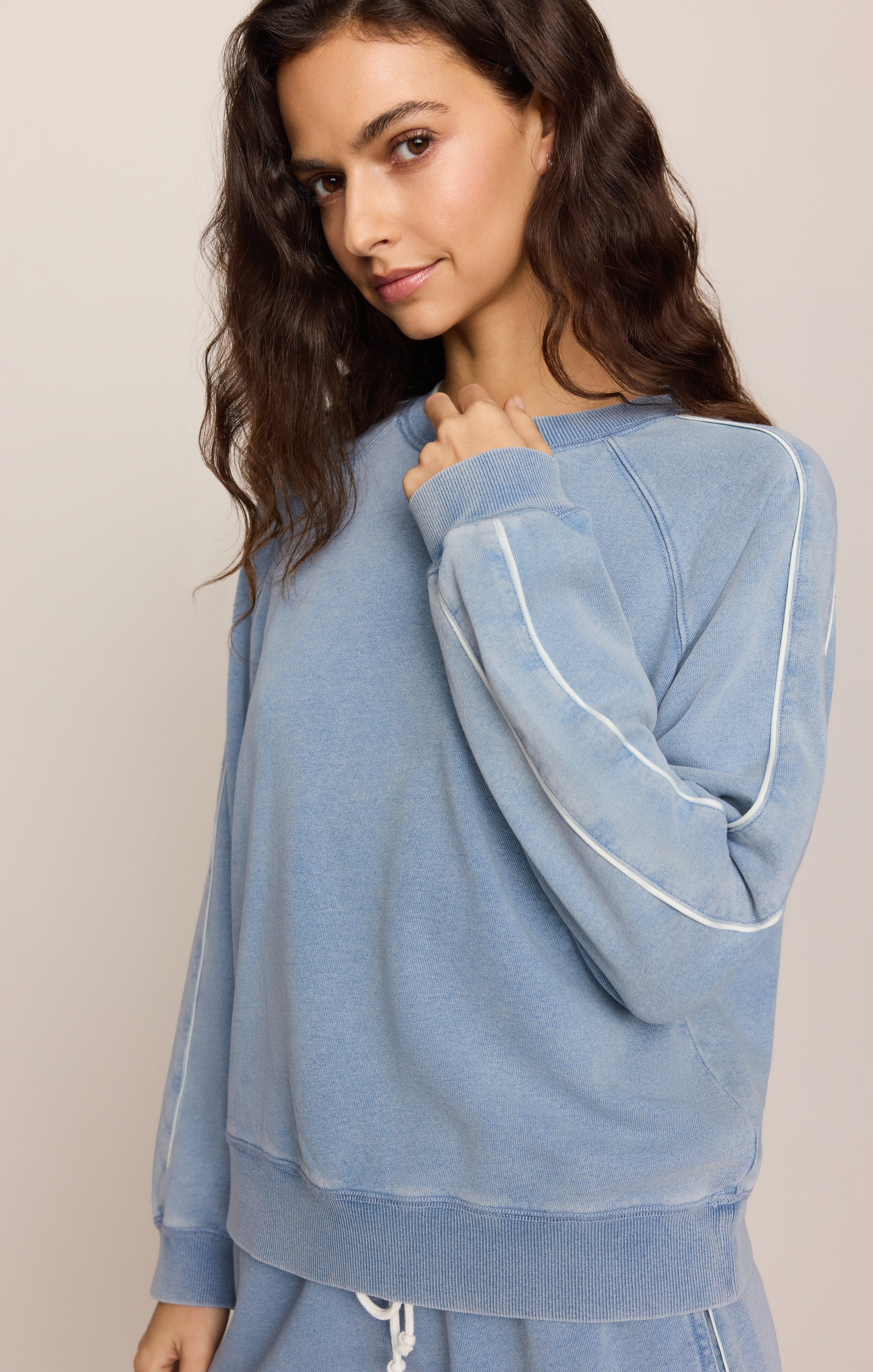 Sport Stripe Boyfriend Knit Denim Sweatshirt