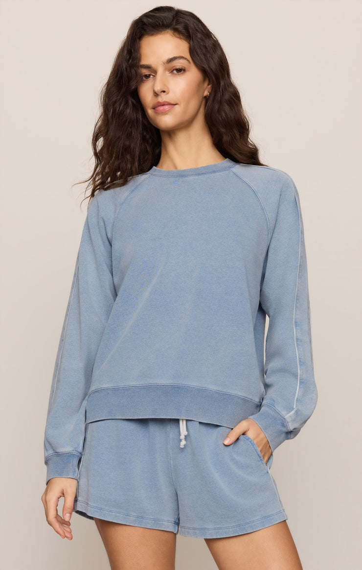 Tops Sport Stripe Boyfriend Knit Denim Sweatshirt Ocean Air Indigo