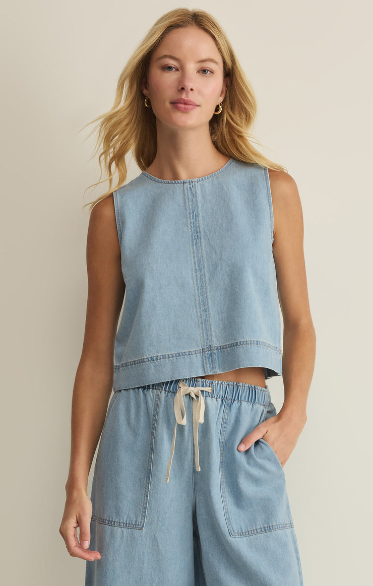 Tops Sun Seeker Denim Cropped Tank Coastal Water