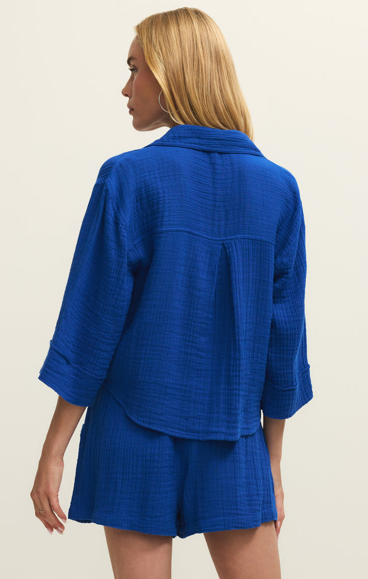 Tops Helena Airy Gauze Button Up Nautical Cobalt Blue