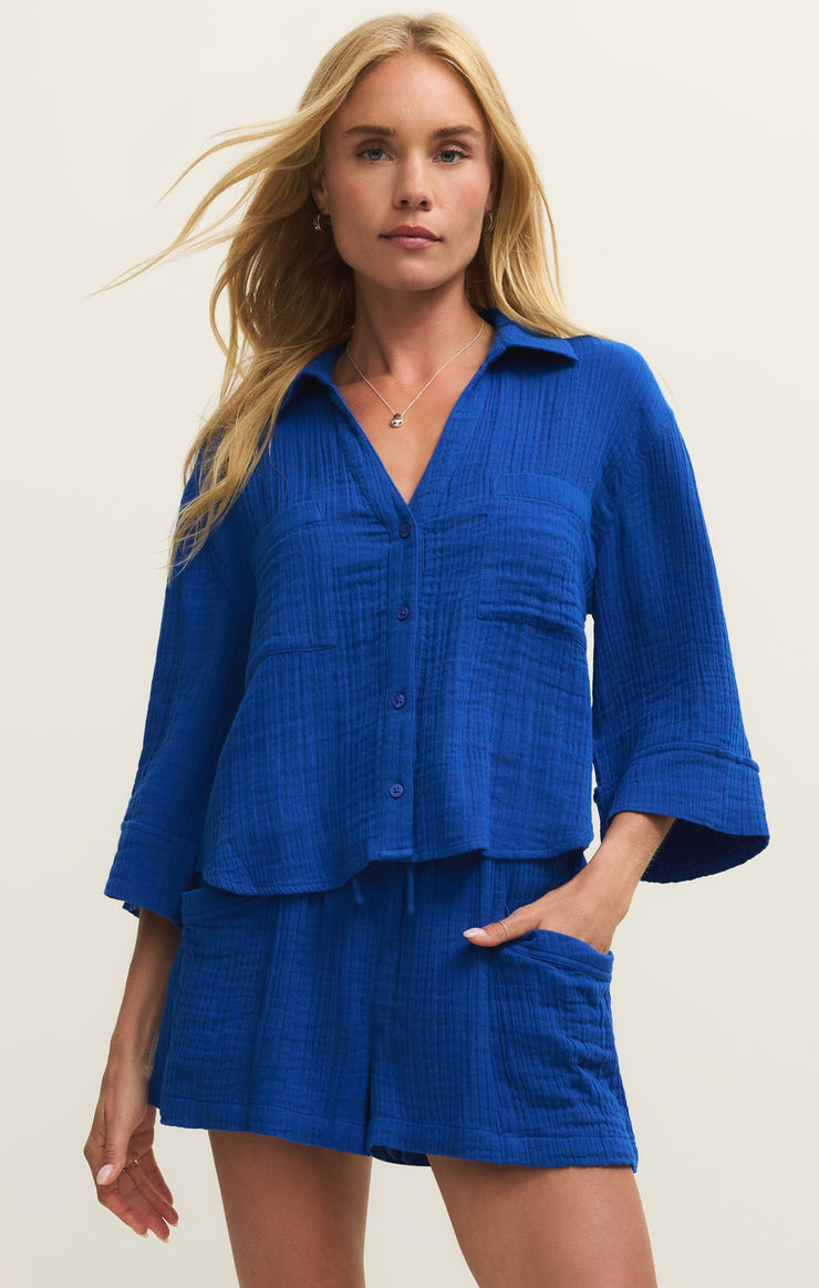 Tops Helena Airy Gauze Button Up Nautical Cobalt Blue