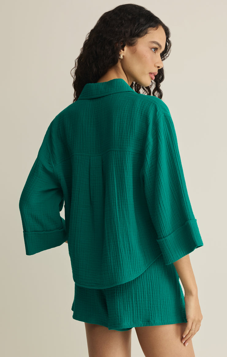 Tops Helena Airy Gauze Button Up Rainforest