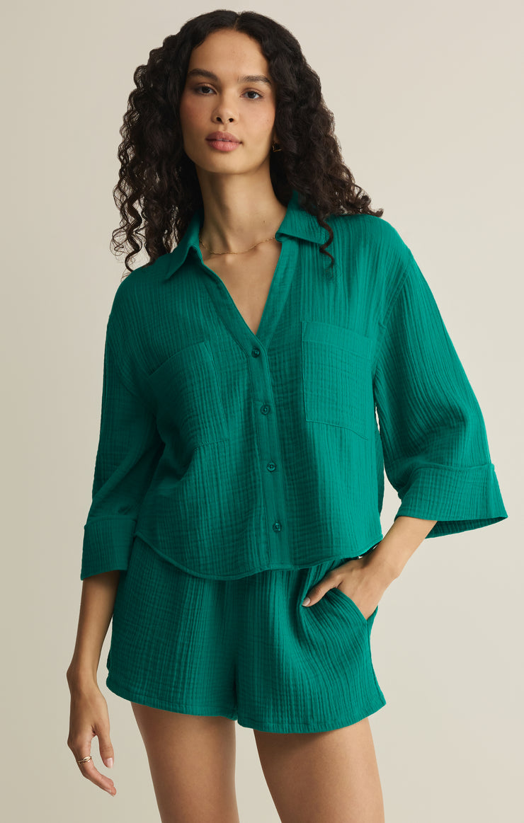 Tops Helena Airy Gauze Button Up Rainforest